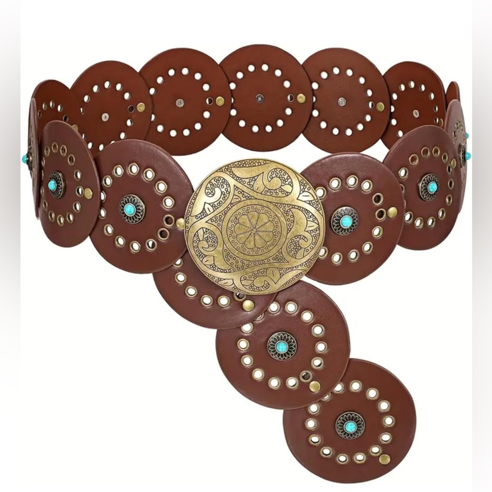 Brown Vegan Leather Belt with Gold & Turquoise Accents